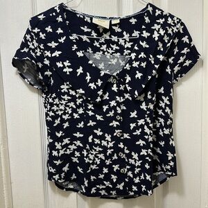 Maeve by Anthropologie Navy Blue Blouse with White Bird Print